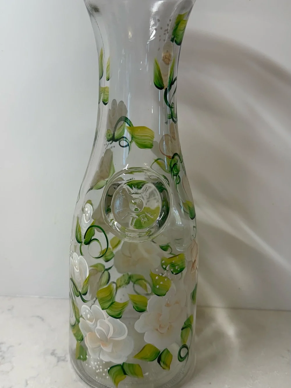 Hand-Painted Glass Carafe with Green and Cream Floral Design